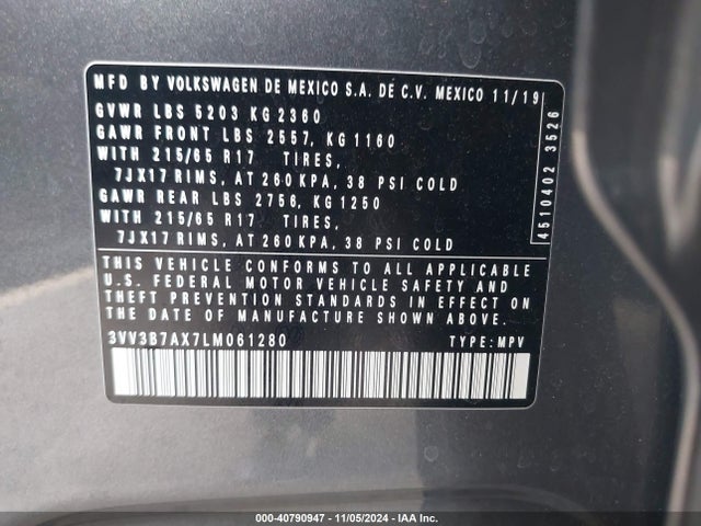 3VV3B7AX7LM061280 Volkswagen Tiguan 2.0t Se/2.0t Se R-line Black/2.0t Sel
