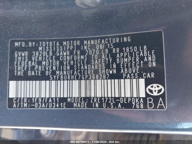 5YFBURHE7GP368287 Toyota COROLLA L
