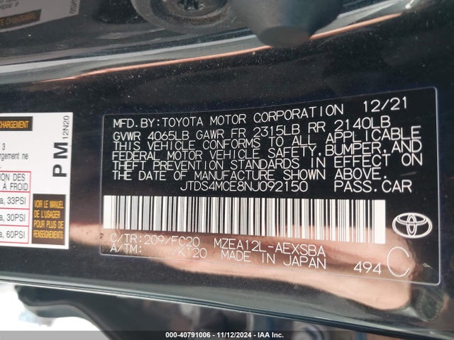 Toyota COROLLA SE 2022 JTDS4MCE8NJ092150 Image 9