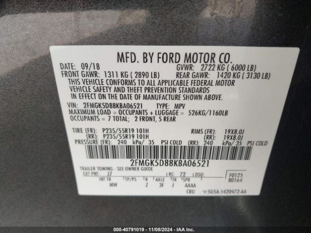 2FMGK5D88KBA06521 Ford Flex Limited
