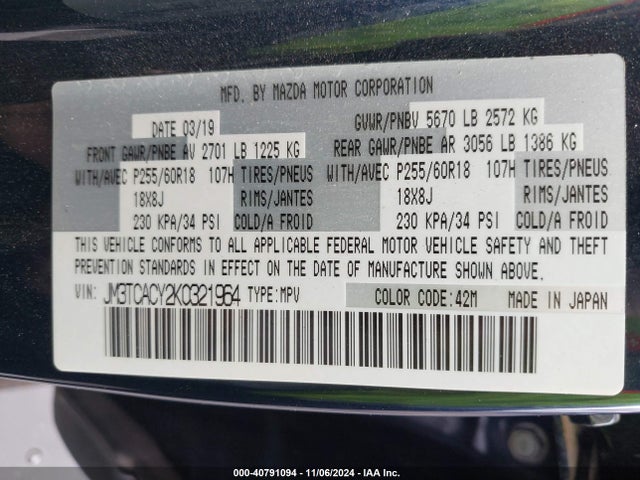Mazda Cx-9 Touring 2019 JM3TCACY2K0321964 Image 9