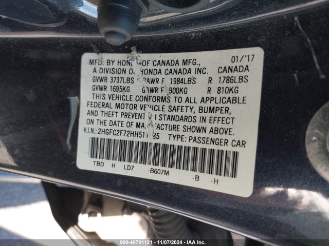 Honda CIVIC EX 2017 2HGFC2F72HH511185 Image 9