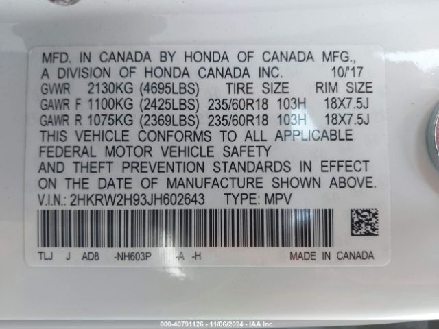 2HKRW2H93JH602643 Honda Cr-v Touring