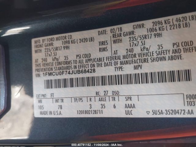1FMCU0F74JUB68428 Ford ESCAPE S