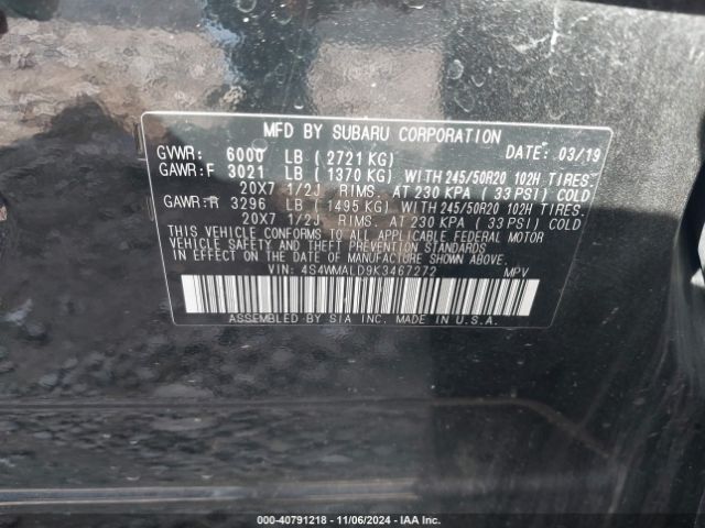 4S4WMALD9K3467272 Subaru Ascent Limited