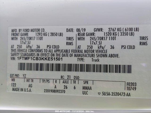 Ford F-150 Xl 2019 1FTMF1CB3KKE51501 Image 9