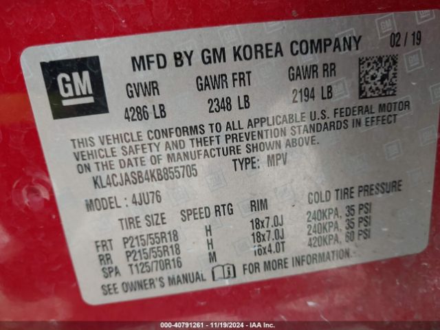 KL4CJASB4KB855705 Buick Encore Fwd Preferred