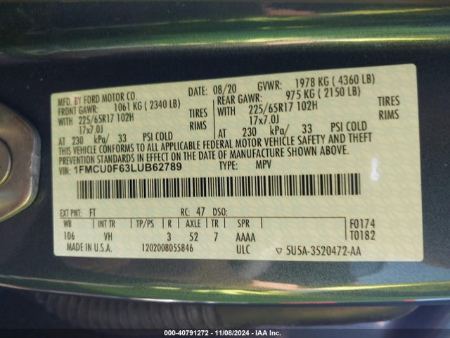 Ford ESCAPE S 2020 1FMCU0F63LUB62789 Image 9