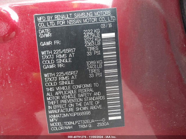 Nissan Rogue S/sl/sv 2016 KNMAT2MVXGP668998 Image 9
