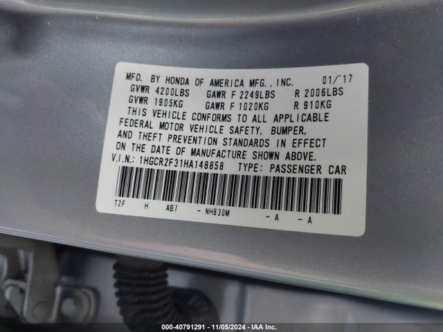 Honda ACCORD LX 2017 1HGCR2F31HA148858 Image 9