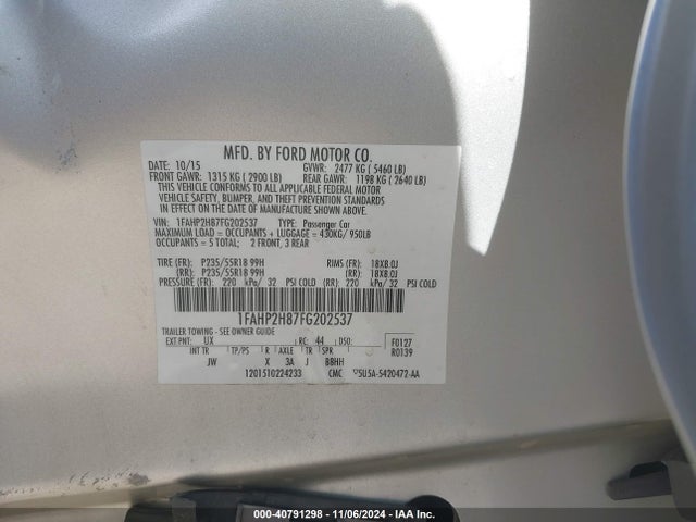 Ford TAURUS SEL 2015 1FAHP2H87FG202537 Image 9