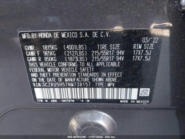 3CZRU5H57NM738157 Honda Hr-v 2wd Ex