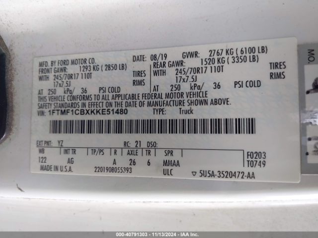 1FTMF1CBXKKE51480 Ford F-150 Xl