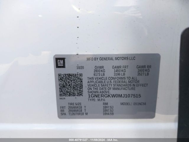 1GNERGKW0MJ107515 Chevrolet Traverse Fwd Lt Cloth