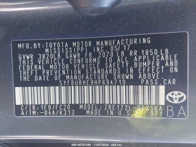 Toyota COROLLA SE 2017 5YFBURHE9HP694710 Image 9