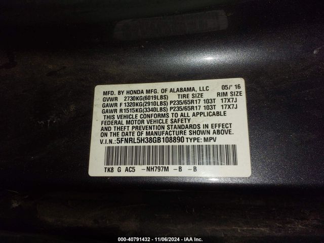 5FNRL5H38GB108890 Honda ODYSSEY SE