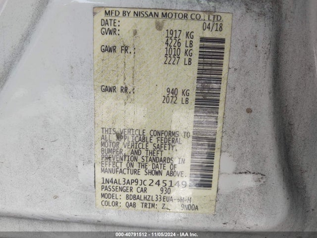 Nissan Altima 2.5 Sr 2018 1N4AL3AP9JC245149 Image 9