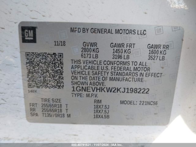 1GNEVHKW2KJ198222 Chevrolet Traverse 3lt
