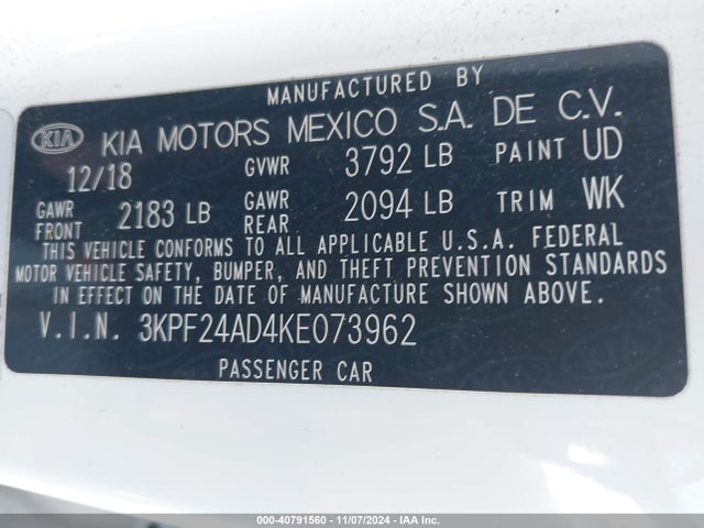 3KPF24AD4KE073962 KIA FORTE FE