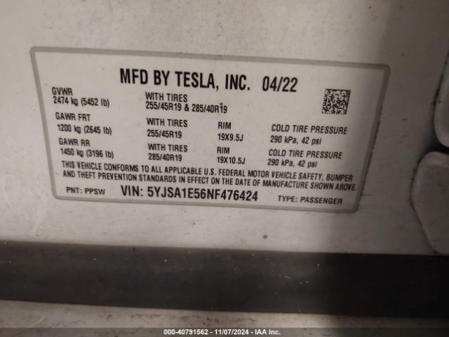 5YJSA1E56NF476424 Tesla Model S Dual Motor All-wheel Drive