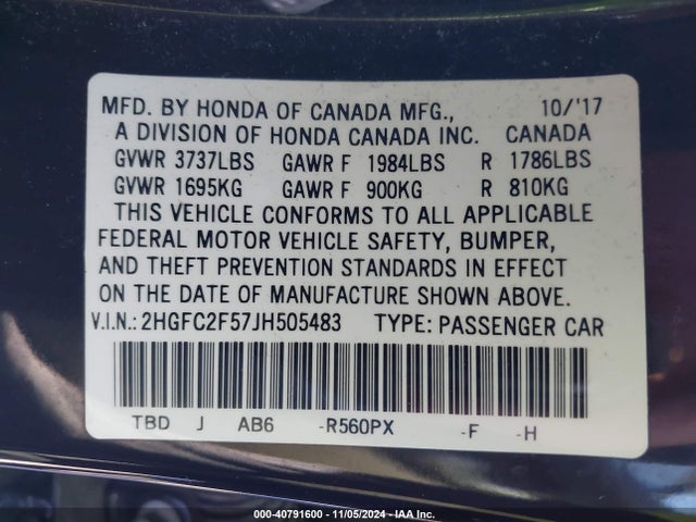 Honda Civic Lx 2018 2HGFC2F57JH505483 Image 9