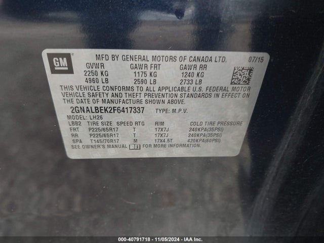 Aukcja sprzedaży 2015 Chevrolet Equinox 1lt, vin: 2GNALBEK2F6417337, numer aukcji: 40791718