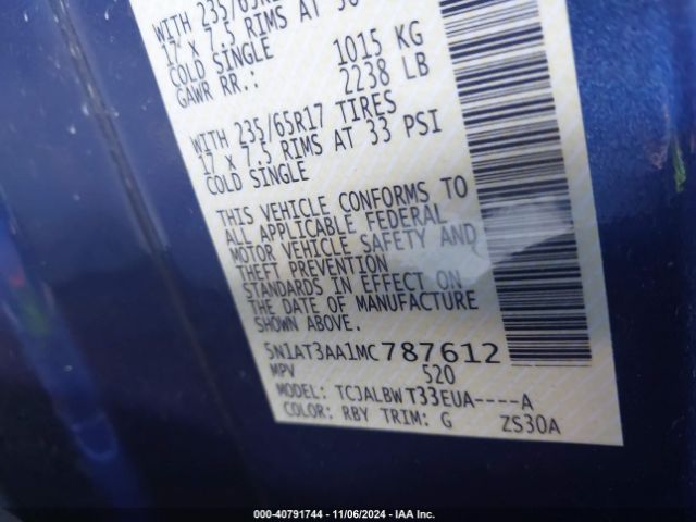 5N1AT3AA1MC787612 Nissan Rogue S Fwd