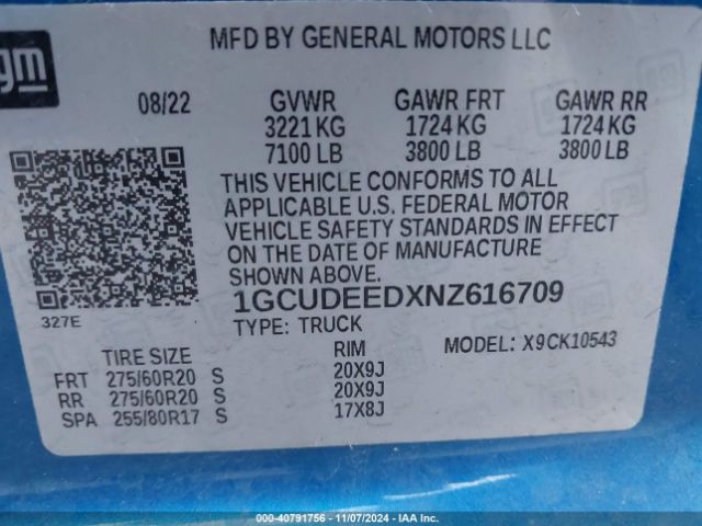 1GCUDEEDXNZ616709 Chevrolet Silverado 1500 4wd  Short Bed Rst
