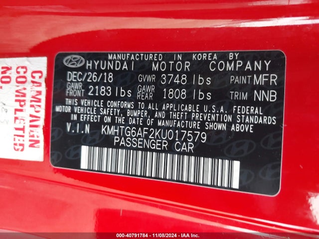 Hyundai Veloster 2.0 2019 KMHTG6AF2KU017579 Image 9