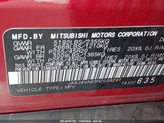 JA4J4VA83RZ039291 Mitsubishi Outlander Se 2.5 /se Black Edition /se Black Edition W/pano Roof /se Ralliart