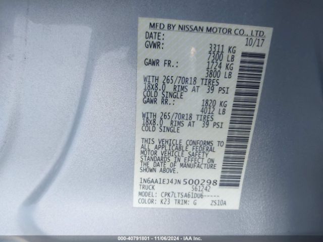 1N6AA1EJ4JN500298 Nissan TITAN SV