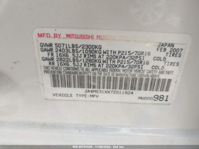 2007 MITSUBISHI OUTLANDER JA4MS31XX7Z011824 Photo 8