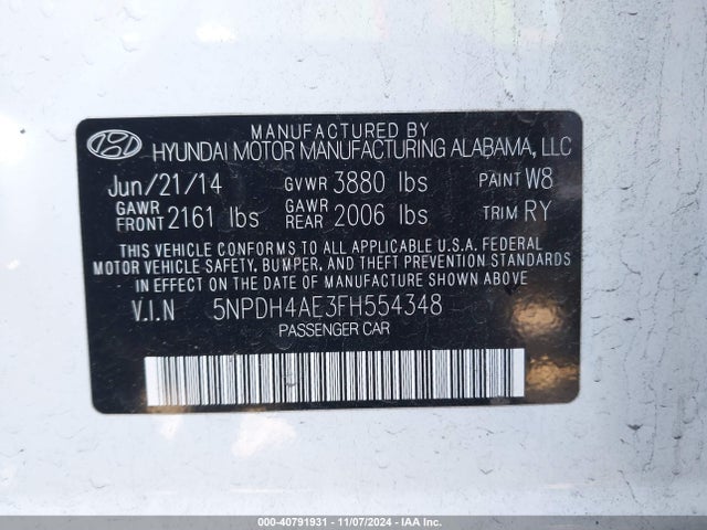Hyundai ELANTRA SE 2015 5NPDH4AE3FH554348 Image 9