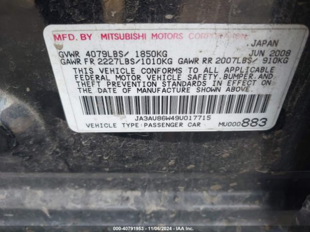 2009 MITSUBISHI LANCER JA3AU86W49U017715 Photo 8