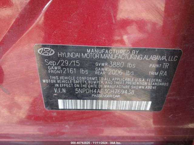 5NPDH4AE3GH769438 Hyundai ELANTRA SE
