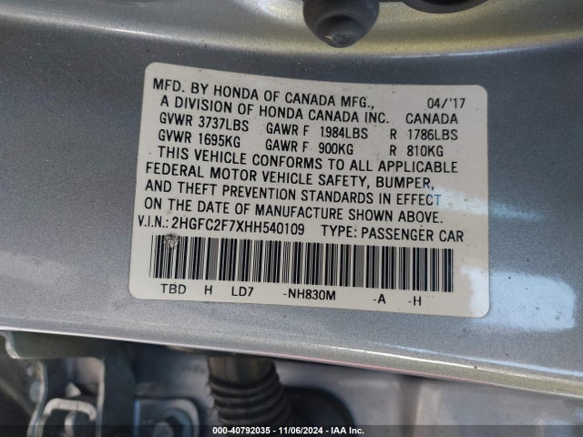 Honda CIVIC EX 2017 2HGFC2F7XHH540109 Image 9