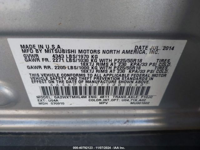 4A4AP3AU7FE001640 Mitsubishi Outlander Sport Es
