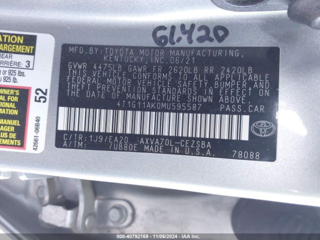 4T1G11AK0MU595587 Toyota CAMRY SE