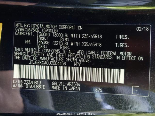 JTJGZKCA0J2004458 Lexus Rx 350l Premium