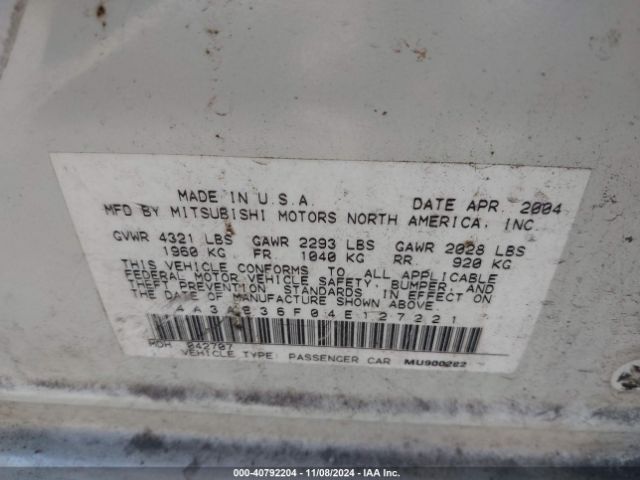 2004 MITSUBISHI GALANT 4A3AB36F04E127221 Photo 8