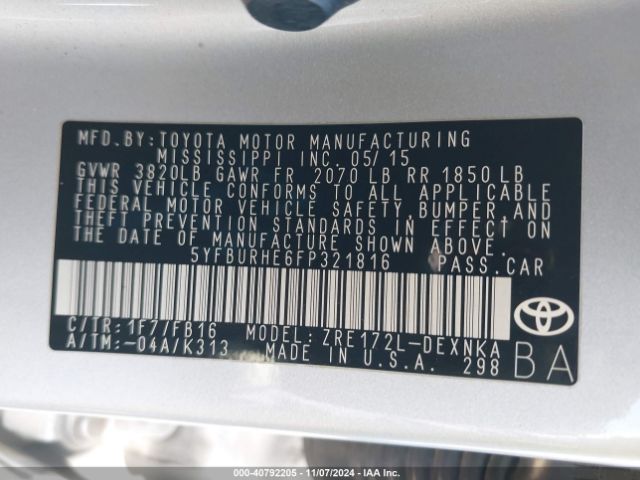 5YFBURHE6FP321816 Toyota Corolla Le Plus