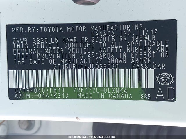 Toyota 2zr-fe 2018 2T1BURHE4JC026030 Image 9