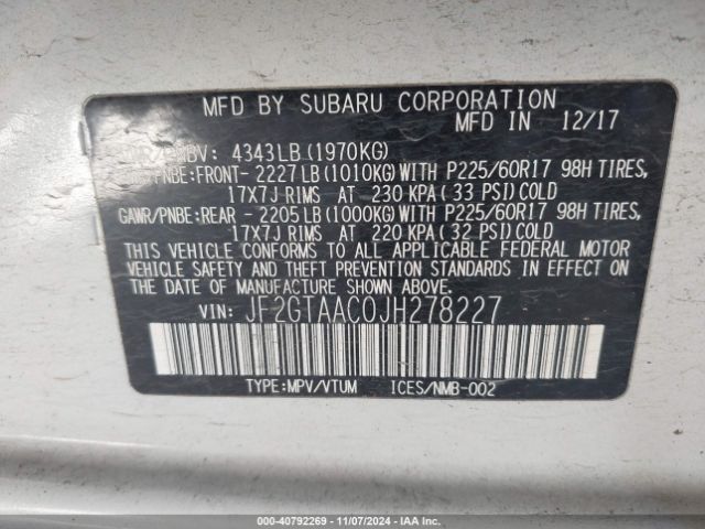 JF2GTAAC0JH278227 Subaru Crosstrek 2.0i