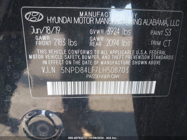 Продаж на аукціоні авто 2020 Hyundai Elantra Sel, vin: 5NPD84LF7LH508703, номер лоту: 40792272