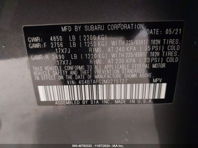 4S4BTAFC2M3215127 Subaru Outback Premium
