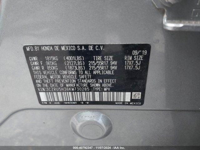 3CZRU5H36KM730285 Honda HR-V LX
