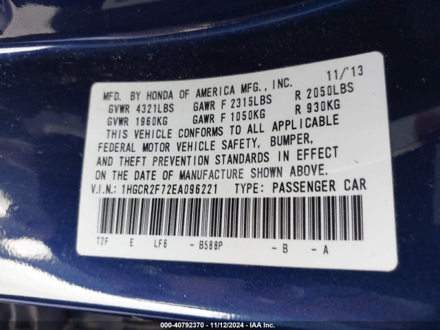 Honda ACCORD EX 2014 1HGCR2F72EA096221 Image 9