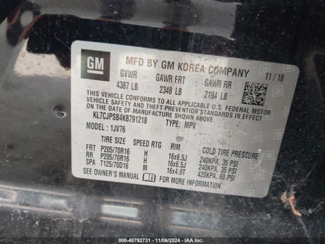 KL7CJPSB4KB791218 Chevrolet Trax Lt