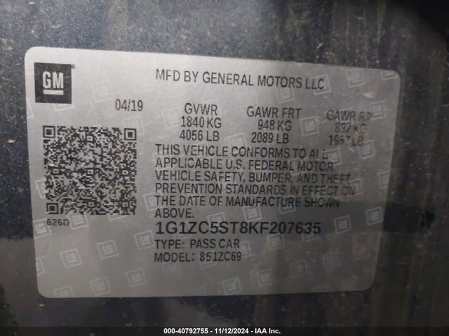 1G1ZC5ST8KF207635 Chevrolet Malibu 1fl
