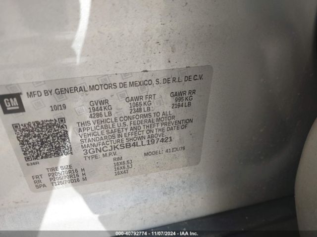 3GNCJKSB4LL197421 Chevrolet Trax Fwd Ls